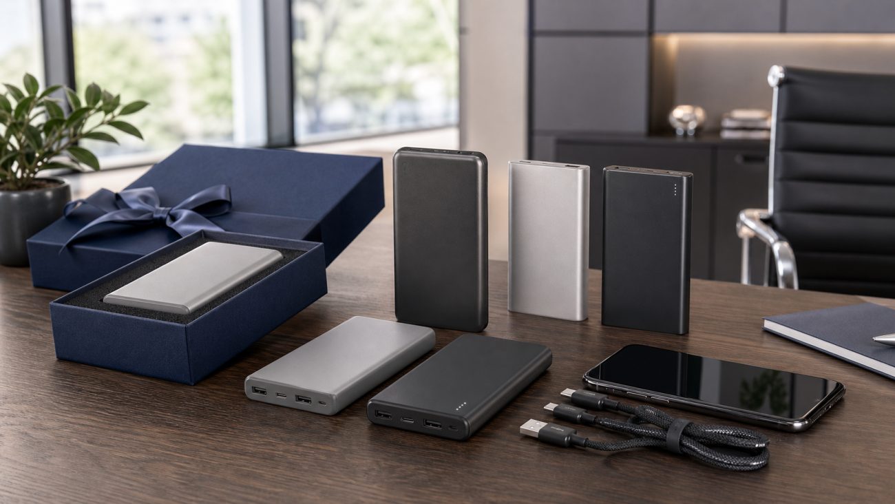 Modern ofiste 5.000, 10.000 ve 20.000 mAh promosyon powerbank seçenekleri